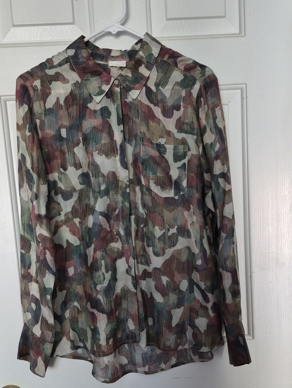 Ecru Women's Camouflage Print Lightweight Button-Up Shirt - Multi-Green L